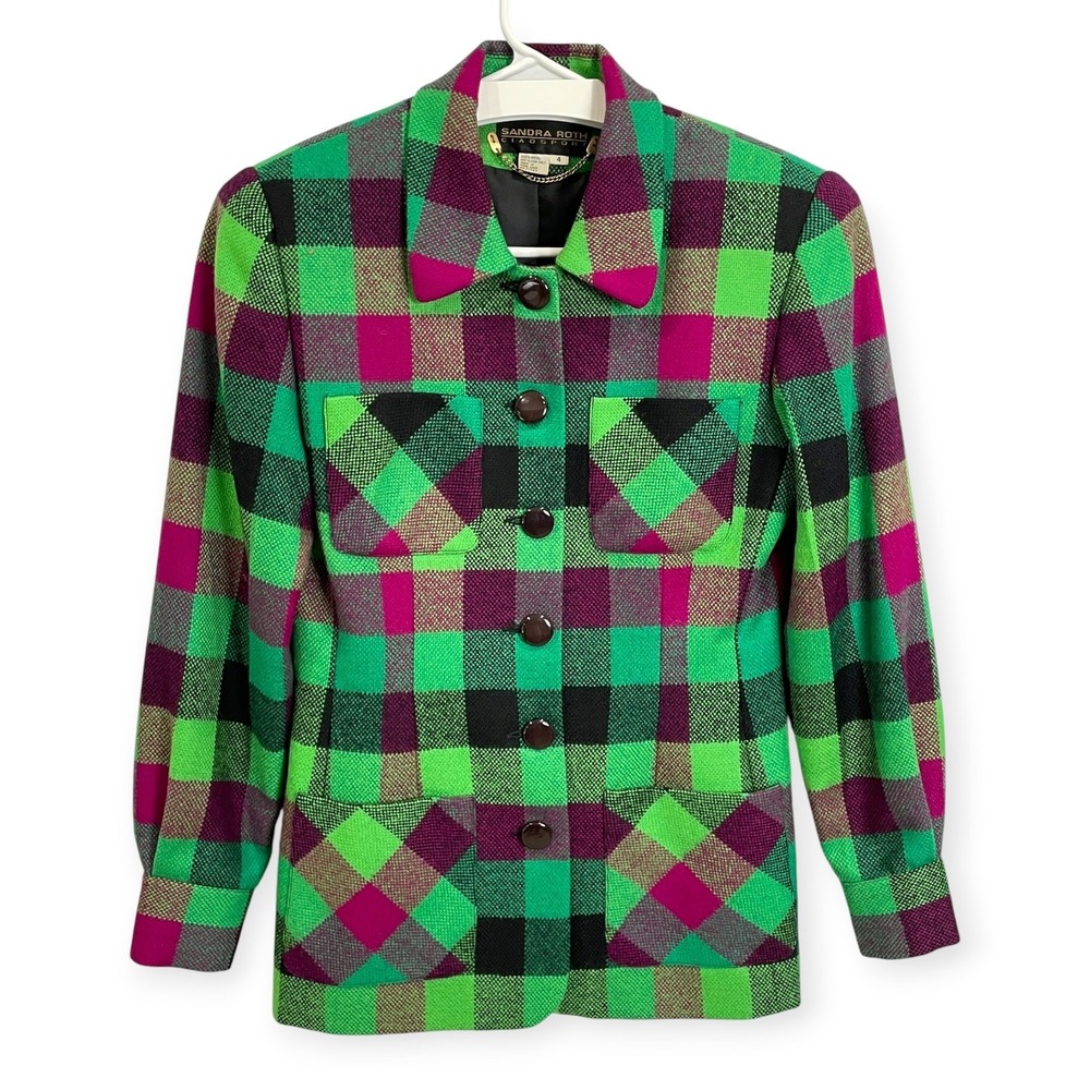 Vintage 90s Womens Green Magenta Plaid Wool Statement Blazer Twee Preppy Size 4